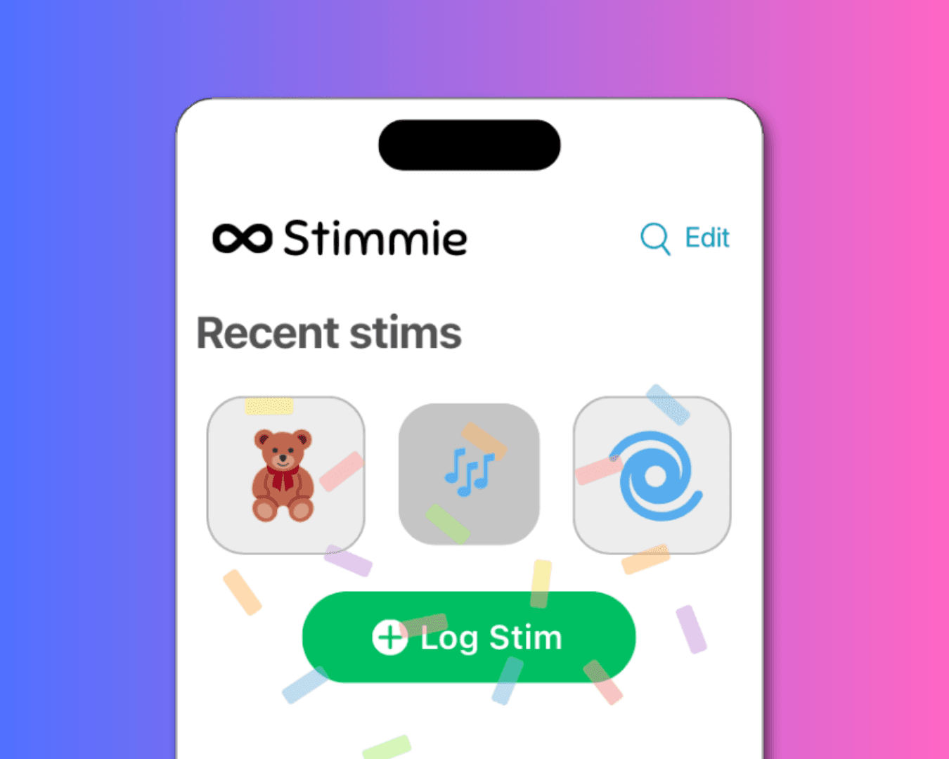 Stimmie app screenshot showing the "Recent Stims" screen, with three icons and a "Log Stim" button.