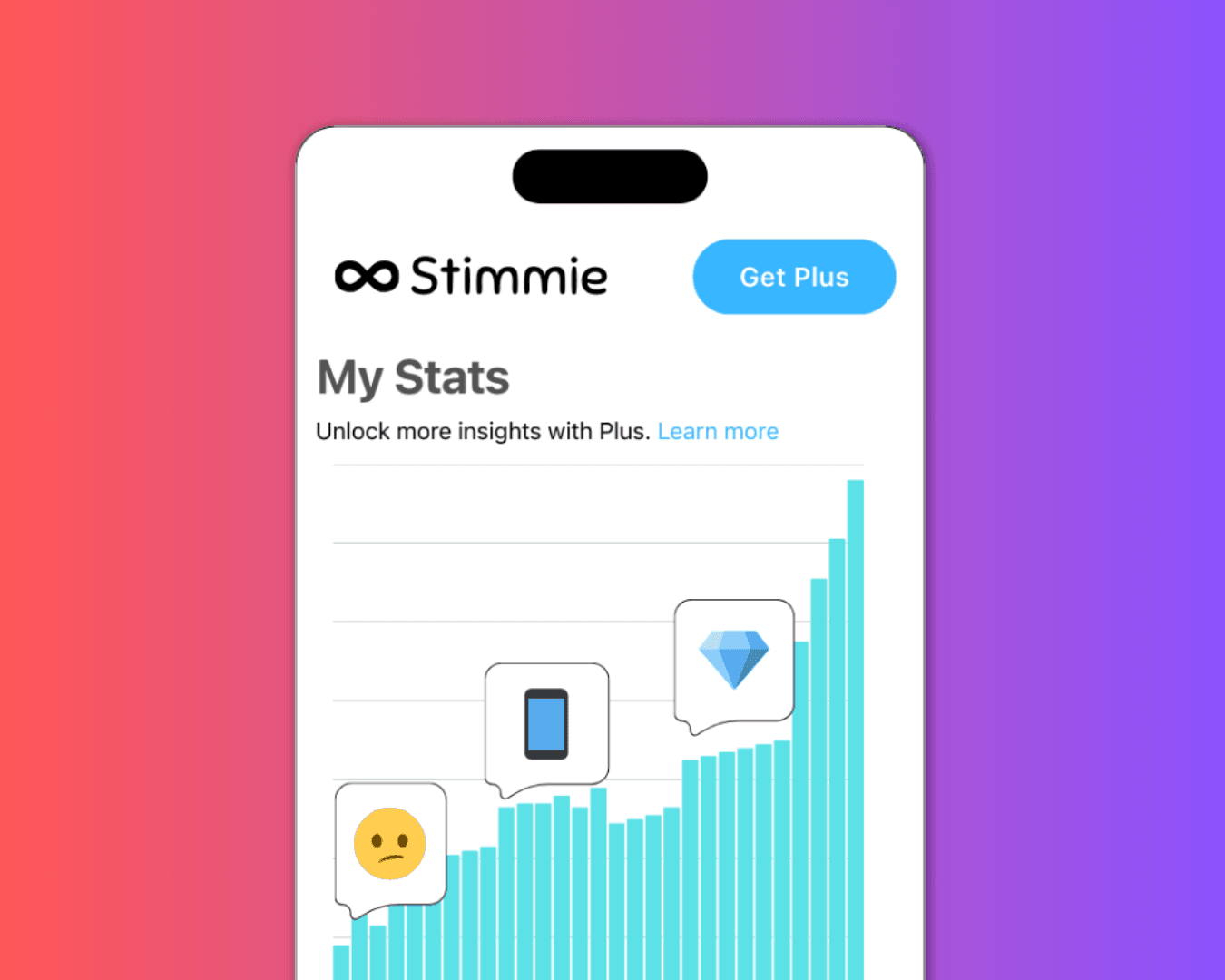 Stimmie app screenshot showing the "My Stats" screen, with a graph and a "Get Plus" button visible.