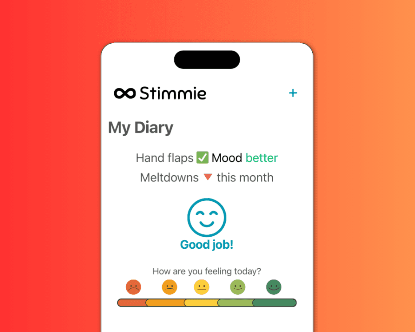 Stimmie app screenshot showing the "My Diary" screen, with insights like "Hand Flapping = Mood Better", "Meltdowns = Down this Month", and "Good job!".